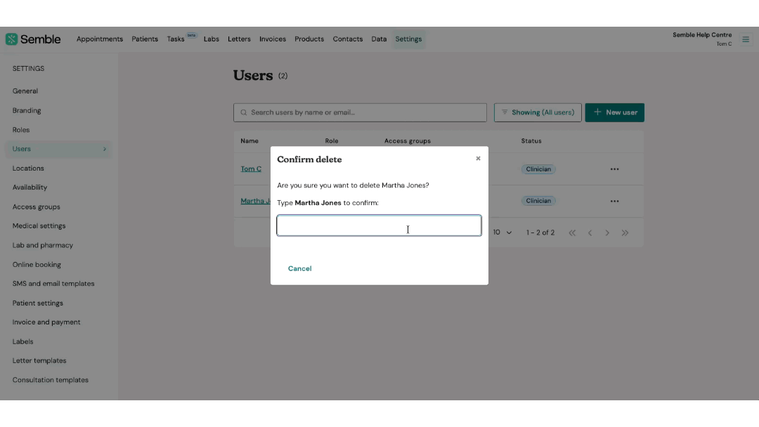 confirm delete user
