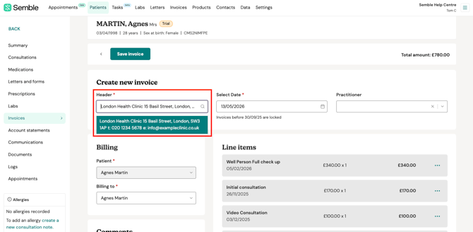 invoice  select header